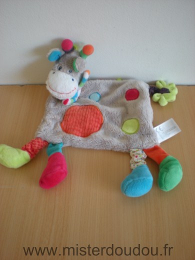 Doudou Girafe Nicotoy Zoe gris points multicolores echarpe rayee multicolore 