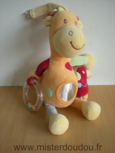 Doudou Girafe Sucre d orge Orange jaune rouge anneau et perroquet vibrant 