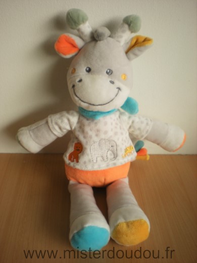 Doudou Girafe Tex Gris blanc orange foulard bleu elephant 