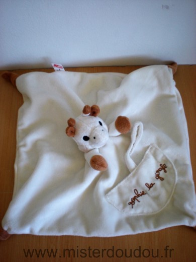 Doudou Girafe Vulli Ecru sophie la girafe attache tetine Dessus en velours dessous en tissus 5 nœuds