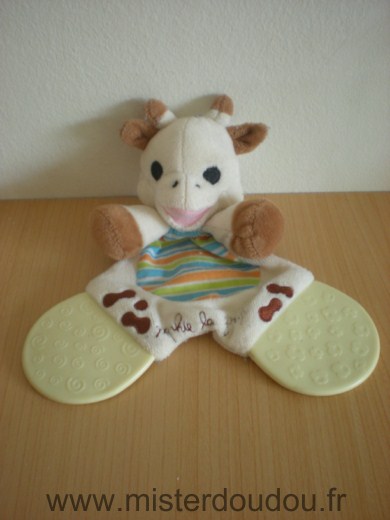 Doudou Girafe Vulli Sophie la girafe beige raye vert orange bleu deux anneaux dentairess 