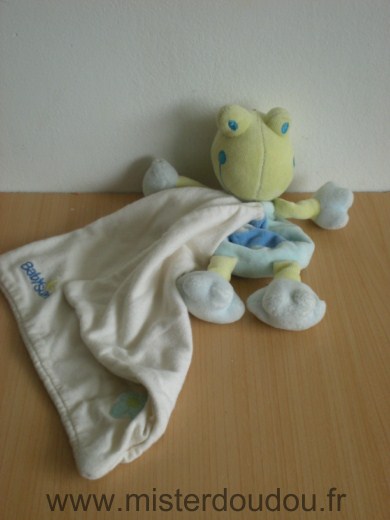 Doudou Grenouille Baby sun Bleu vert mouchoir blanc 