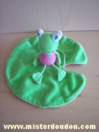 Doudou Grenouille Du pareil au même Vert dessus  rose dessous Grenouille posée sur la feuille tient avec un scratch