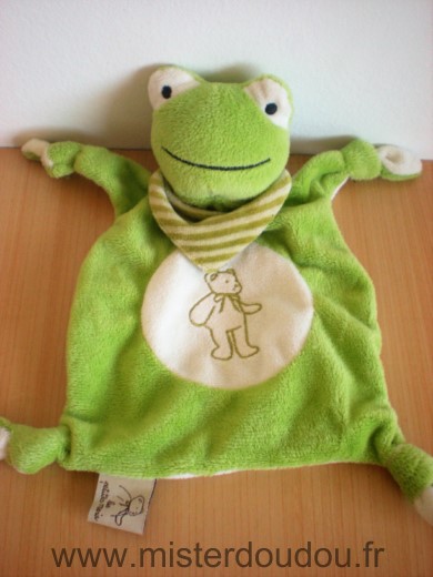 Doudou Grenouille Les petites marie Vert blanc ours brodé bandana raye vert 