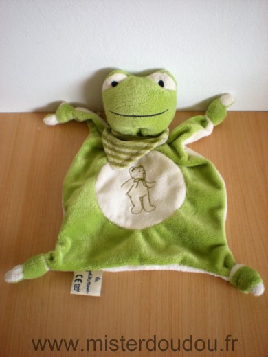 Doudou Grenouille Les petites marie Vert blanc ours brodé foulard vert raye 