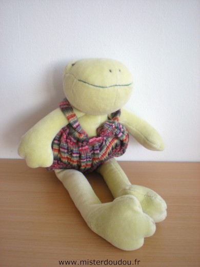 Doudou Grenouille Moulin roty Vert salopette marron la grande famille 