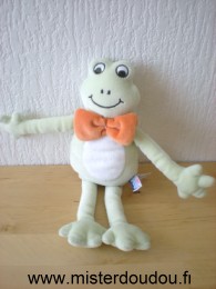 Doudou Grenouille Sucre d orge Vert blanc noeud orange 