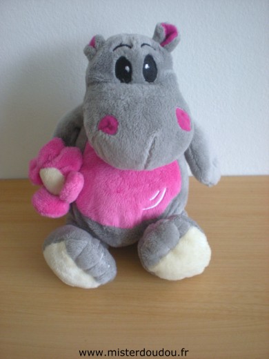 Doudou Hippopotame 0 Sandy rose gris avec fleur rose 
