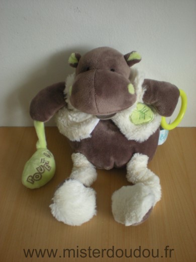 Doudou Hippopotame Baby nat Bazile marron blanc vert pantin activite pouet anneau 