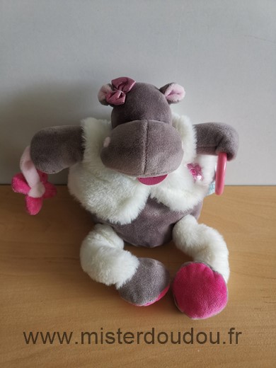 Doudou Hippopotame Baby nat Blanc rose marron fleur anneau zoe 