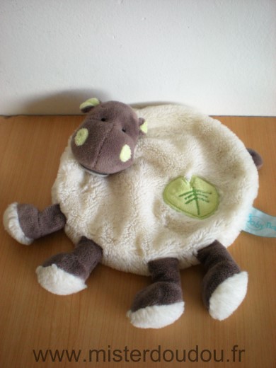 Doudou Hippopotame Baby nat Ecru marron feuille verte 