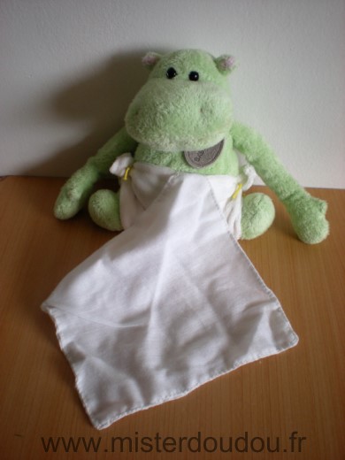 Doudou Hippopotame Baby nat Vert couche mouchoir blanc 
