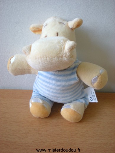 Doudou Hippopotame Bmf Jaune salopette rayée bleu blanc 