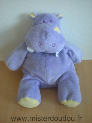 Doudou Hippopotame Bruin Mauve jaune papillon sur la joue 