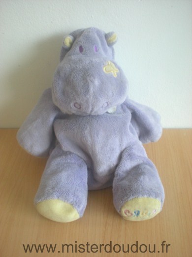 Doudou Hippopotame Bruin Violet jaune coeur jaune dans le dos 