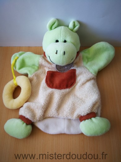 Doudou Hippopotame Doudou et compagnie Beige vert marron anneau jaune 