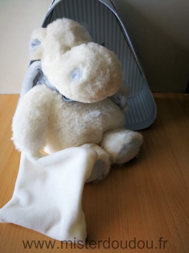 Doudou Hippopotame Doudou et compagnie Blanc bleu mouchoir blanc Avec sa boite