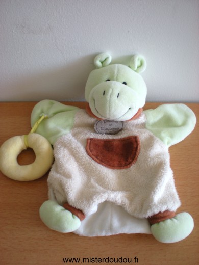 Doudou Hippopotame Doudou et compagnie Vert beige marron anneau jaune 