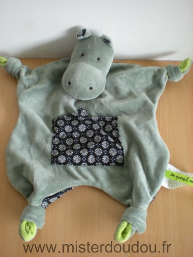 Doudou Hippopotame Du pareil au même Vert noir motifs fleurs 