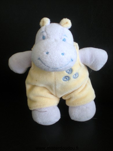 Doudou Hippopotame Jollybaby Mauve salopette jaune 3 spirales Tout petit modèle