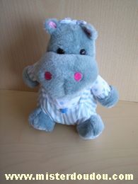 Doudou Hippopotame Maxita Tête en peluche grise salopette rayée bleu blanc 