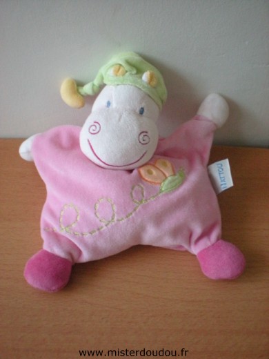 Doudou Hippopotame Nattou Rose avec un papillon brodé 