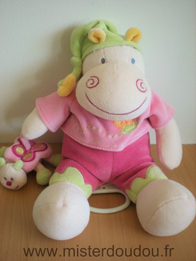 Doudou Hippopotame Nattou Rose bonnet vert papillon 