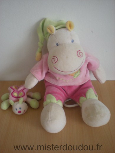 Doudou Hippopotame Nattou Rose vert tenant abeille 