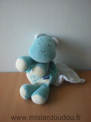 Doudou Hippopotame Sucre d orge Cajou bleu mouchoir blanc dans le dos 