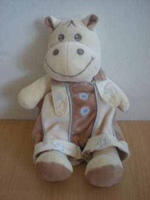 Doudou Hippopotame Takinou Ecru salopette marron beige 