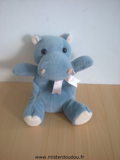 Doudou Hippopotame - marque non connue - Bleu ruban rose 