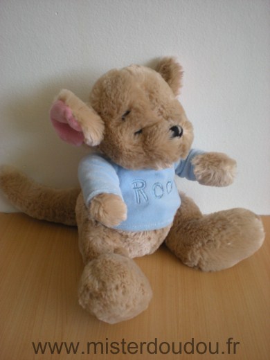 Doudou Kangourou Disney Petit gourou marron pull bleu roo ecusson disney store en bas du dos 