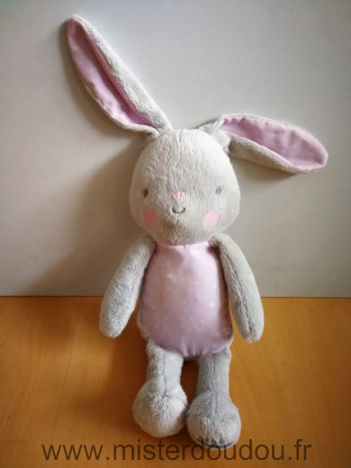 Doudou Lapin Klorane Rose gris etoiles Tres legeres traces sur le tissus rose devant