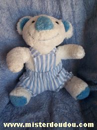 Doudou Koala Bébisol Blanc bleu salopette rayée bleue La salopette peut s'enlever.