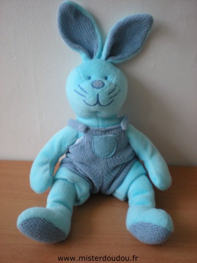 Doudou Lapin 0 Bleu salopette tricot bleu 