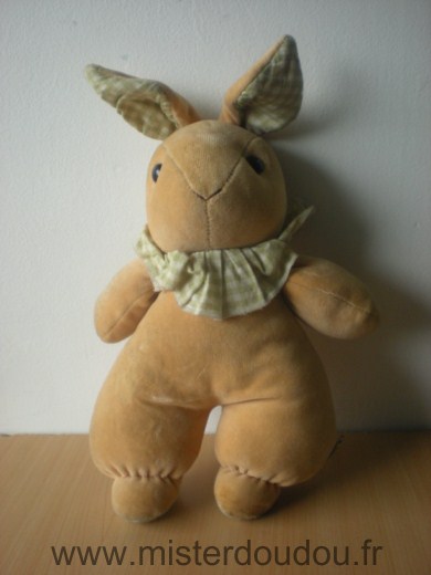 Doudou Lapin Ajena Beige col et oreilles tissus carreau vert blanc 