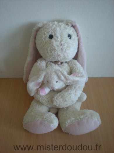 Doudou Lapin Ajena Beige rose Avec bébé lapin