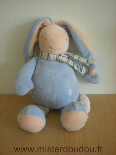 Doudou Lapin Ajena Bleu echarpe rayé et jambes rayées 