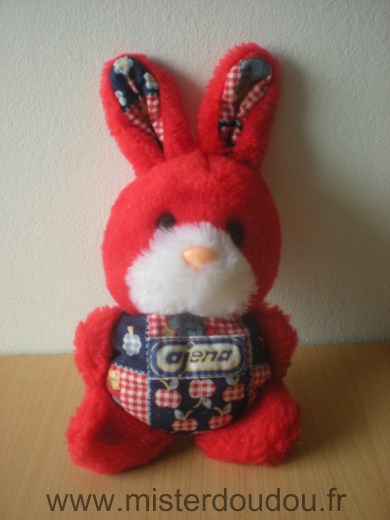 Doudou Lapin Ajena Peluche rouge motifs pommes rouges sur bleu marrine 