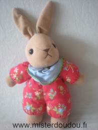 Doudou Lapin Ajena Rouge à fleurs foulard bleu 