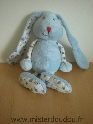 Doudou Lapin Aubert Bleu blanc motifs fleurs 