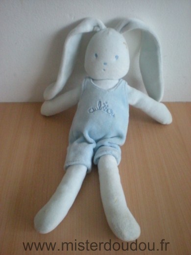 Doudou Lapin Aubisou Bleu salopette bleu aubisou 