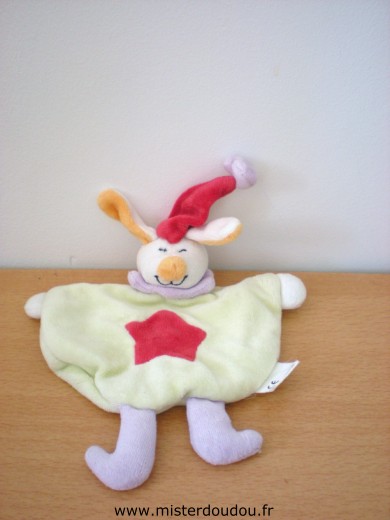 Doudou Lapin Auchan Vert etoile rouge bonnet rouge 