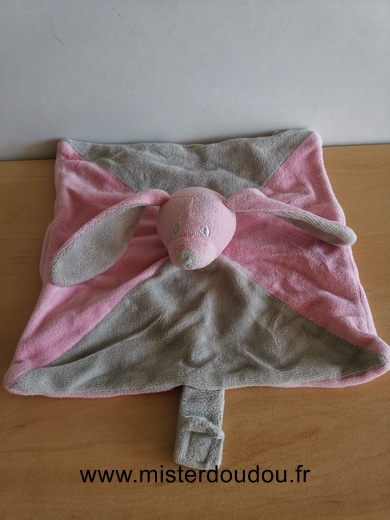 Doudou Lapin Babou Rose gris attache tetine 