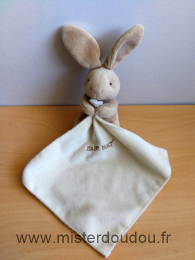 Doudou Lapin Baby nat Beige mouchoir ecru Etiquette de marque coupée