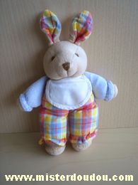 Doudou Lapin Baby nat Beige, salopette carreaux orange jaune bleu vert Quelques bouloches
bavoir à border.