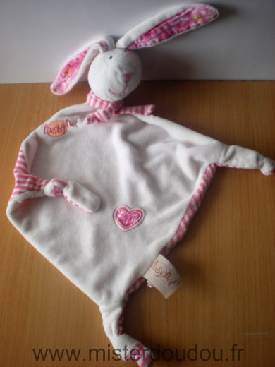 Doudou Lapin Baby nat Blanc coeur rayures rose blanc 