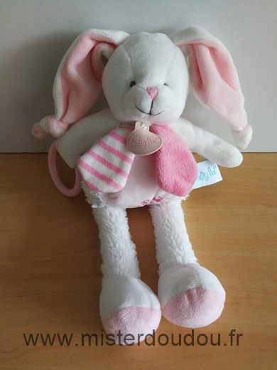 Doudou Lapin Baby nat Blanc rose anneau pouet 