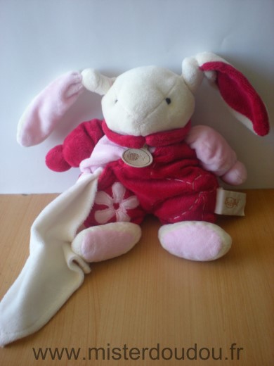 Doudou Lapin Baby nat Blanc rose rouge mouchoir blanc 