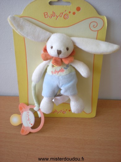 Doudou Lapin Baby nat Blanc vert bleu Avec attache sucette